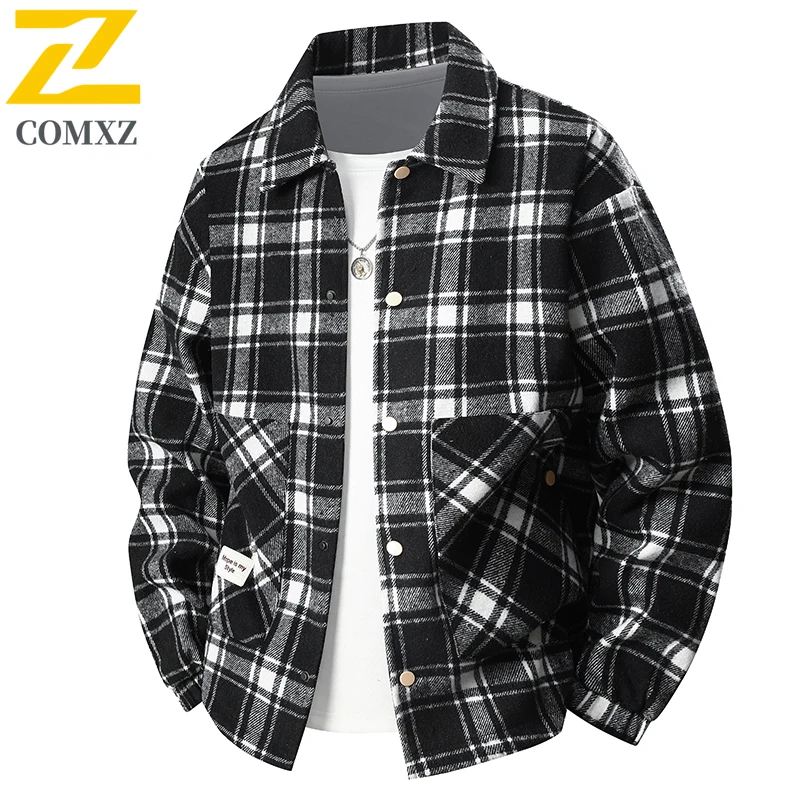 

Мужская куртка большого размера, новинка 2025 года, удобная дышащая куртка в клетку в полоску с лацканами, уличная осенняя повседневная свободная мужская куртка на пуговицах