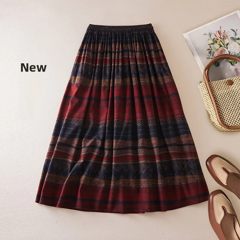 تنورة Faionable على شكل حرف A تنورة عرقية غير رسمية مخططة بخصر عالٍ تنورة متوسطة الطول لربيع وصيف وصلت حديثًا للسيدات...