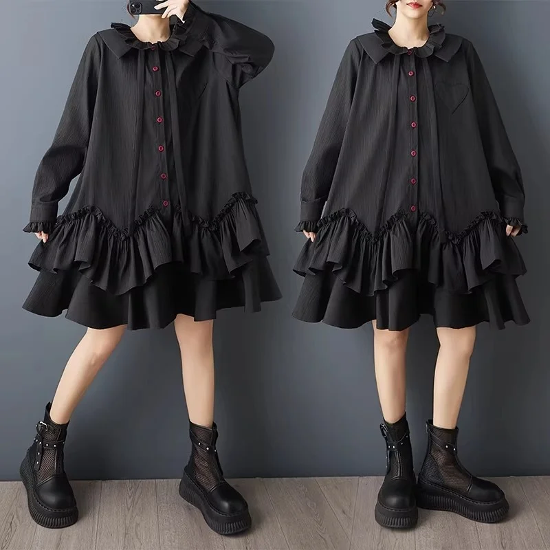 Gothic Vintage Oversized Dress 2026 Spring Autumn Design Double Layered Lace Up Doll Collar Ruffle Patchwork Loose Fit j437
