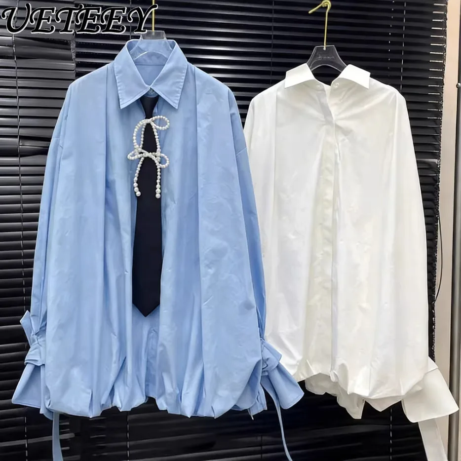 

New Women's Fashion Solid Color Long Sleeve Blouse Loose Fit French Style Unique Design Tie Detail Shirt Solid Color Tops