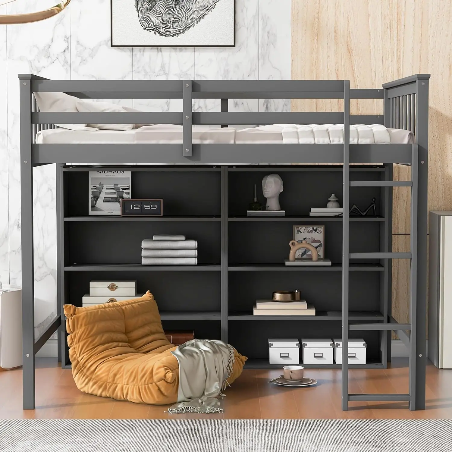 Twin Loft Bed With 8 Storage Shelves, Wooden Loft Beds Frame With Bookcase, High Loft Bed With Ladder For Kids Boys Girls