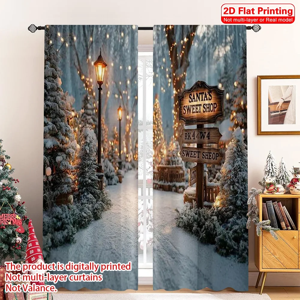 

2pcs 2D flat printing Merry Christmas Curtain winter wonderland1 Versatile Fabric Without Electricity Family Party Use for