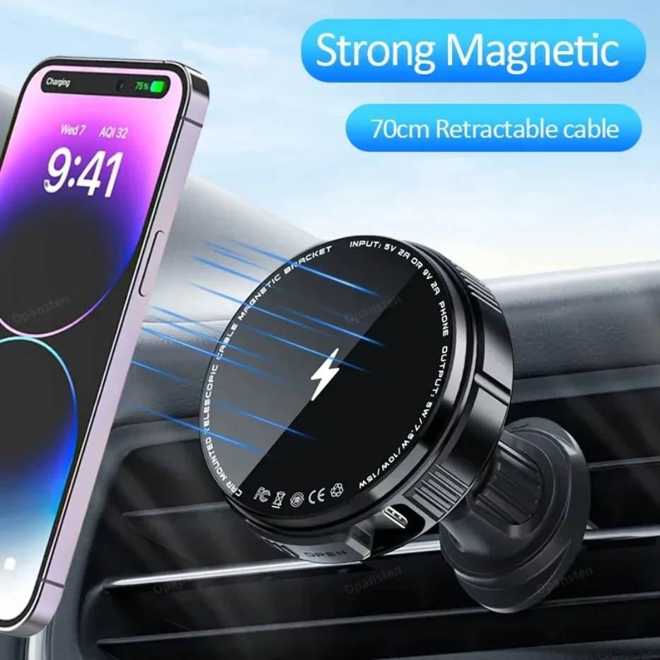 

Magnetic N52 Car Wireless Charger Retractable USB C Cable Phone Cooling Holder For Magsafe iPhone 17 16 15 Pro Max Fast Charging