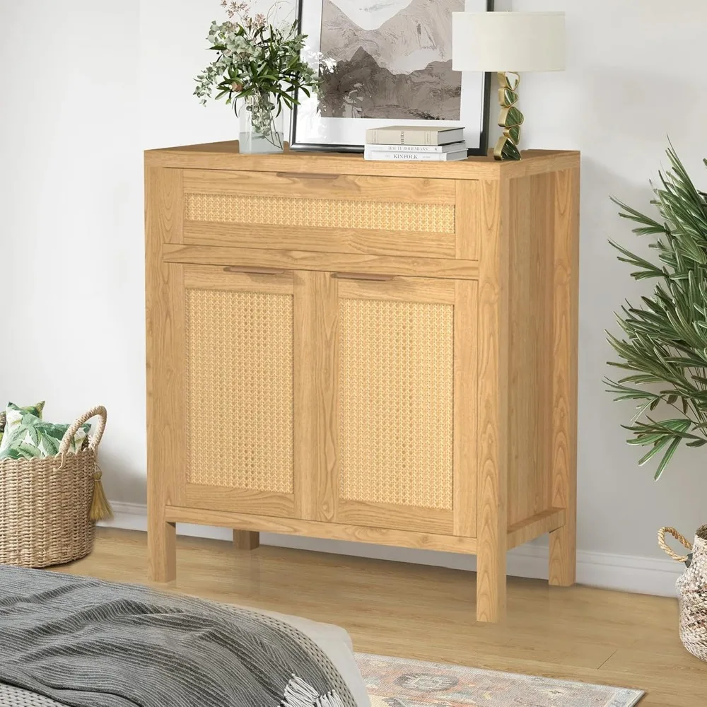 

Small Accent Cabinet with Storage, Ratten Sideboard Buffet Cabinet with Doors for Living Room, Entryway, Natural Oak