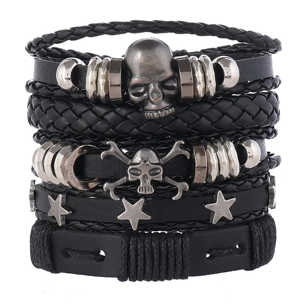 5pcs Punk Style Woven Leather Bracelets For Men Hip Hop Five Pointed Star Skull Men\'s Lace-Up Bracelet Set Gifts For Friend