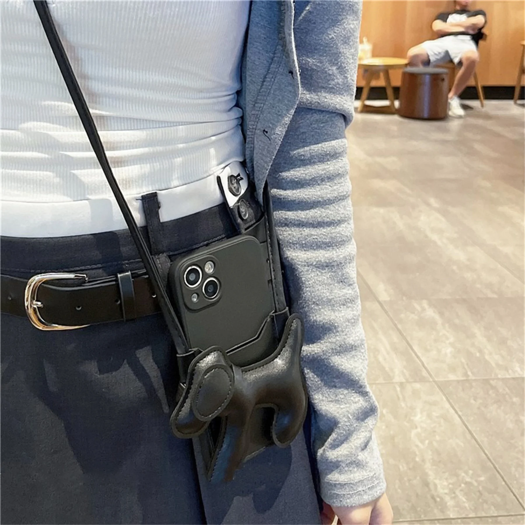 Korean Simple Luxury Black Crossbody Lanyard Leather Strap Dog Card Holder Case for iPhone 11 12 13 14 15 Pro Max Soft Cover