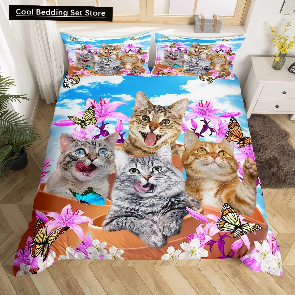 

Cute Cat King Queen Duvet Cover Kitten Bedding Set Purple Floral Butterflies Polyester Quilt Cover Pet Animal Comforter Cover