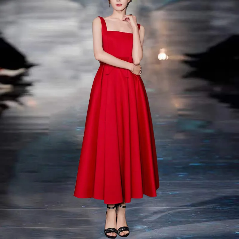 Women Red Solid Sleeveless Dress Bow A-Line Lady's Dress