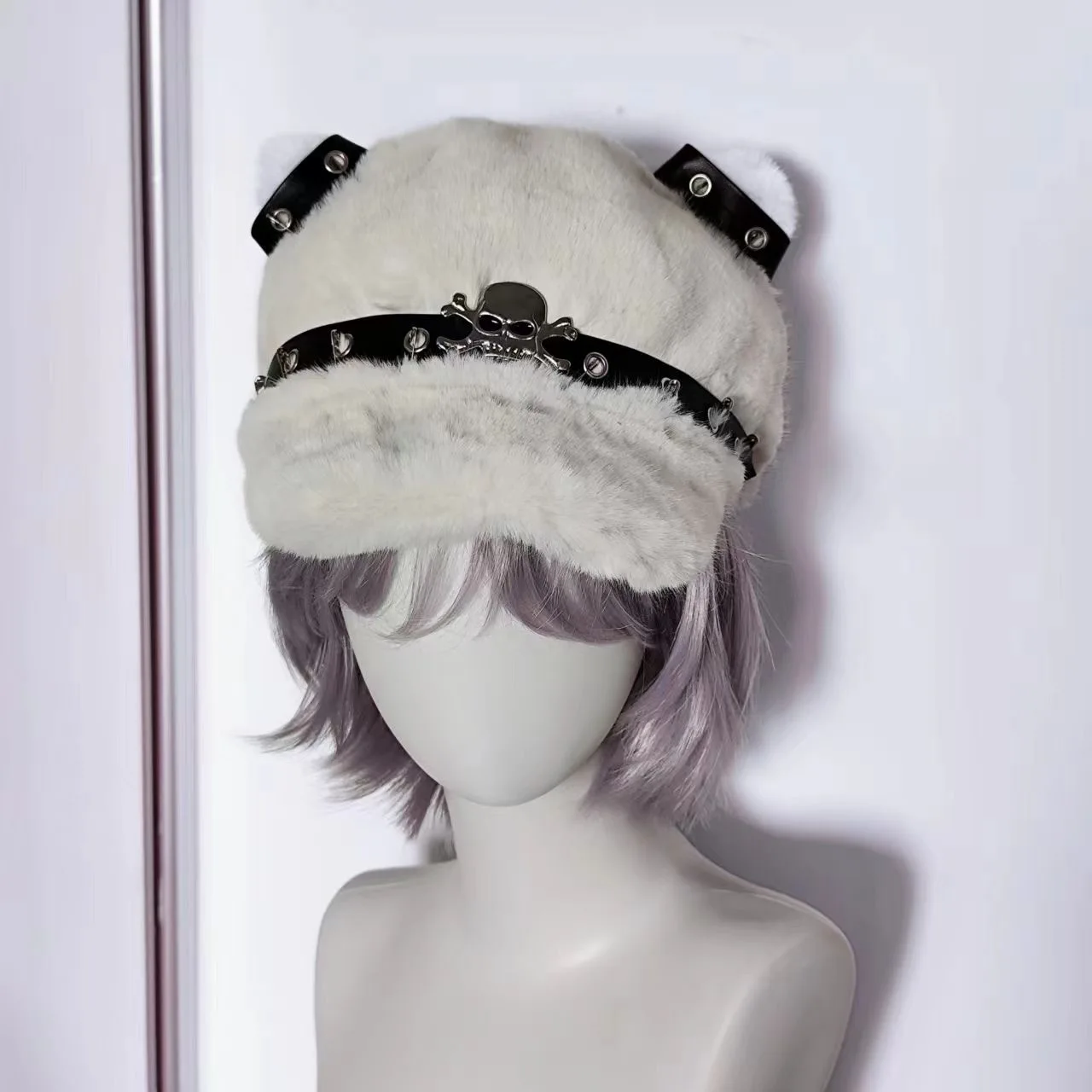 

Y2K Girl Subculture Goth Punk Cat Ear Hat Harajuku Cap Skull Streetwear Cute Thick Fake Fur Hat