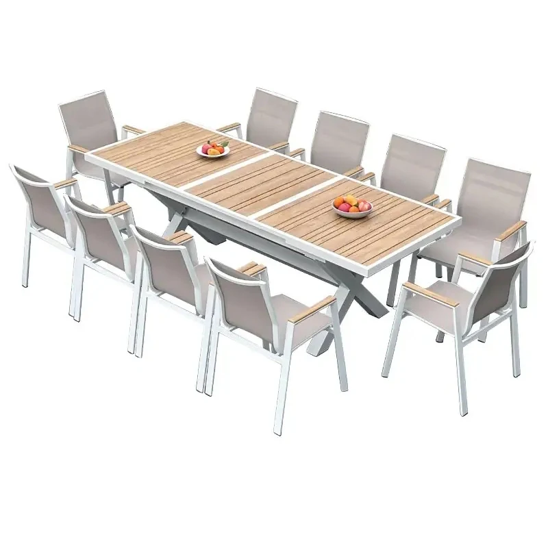 Garden Patio Furniture Plastic Wood Aluminium Expandable Outdoor Coffee Table And 10 Chairs