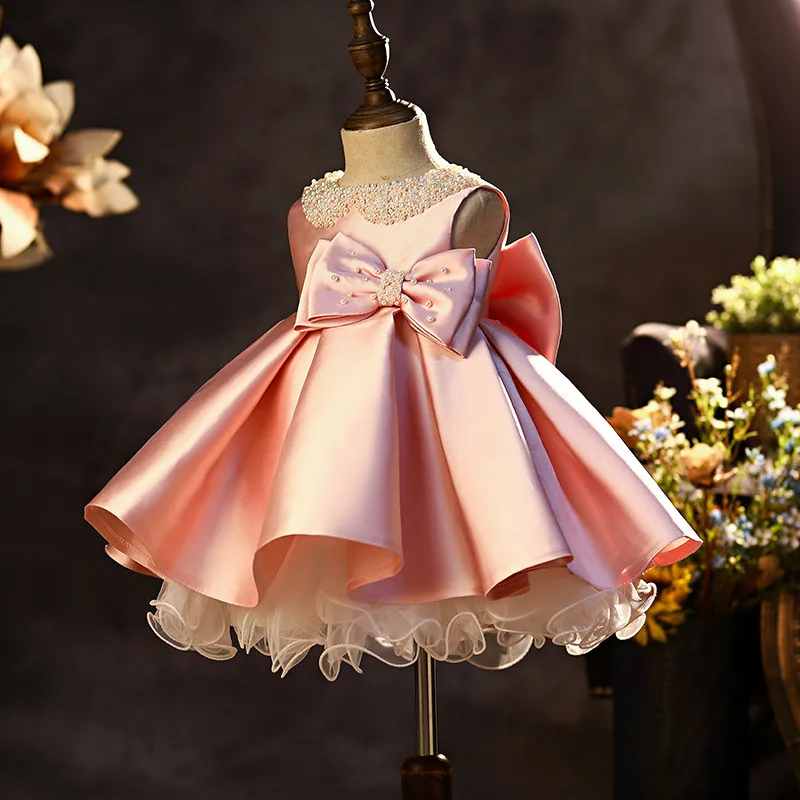 Weiße Satin Blumen mädchen Kleider für Hochzeit Perlen geschwollen mit Bogen niedlichen Party Kinder Baby Festzug Geburtstag Ballkleider Kleid