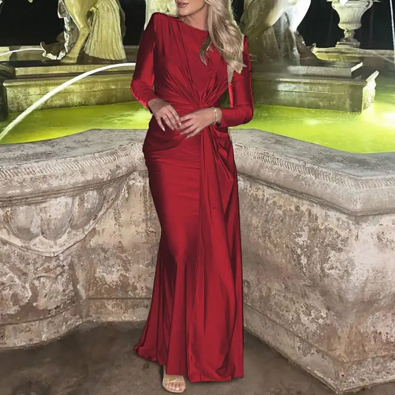 2025, neuer Stil, elegantes und modisches, langärmliges, figurbetontes, verdrehtes, einfarbiges Abendkleid mit Rundhalsausschnitt