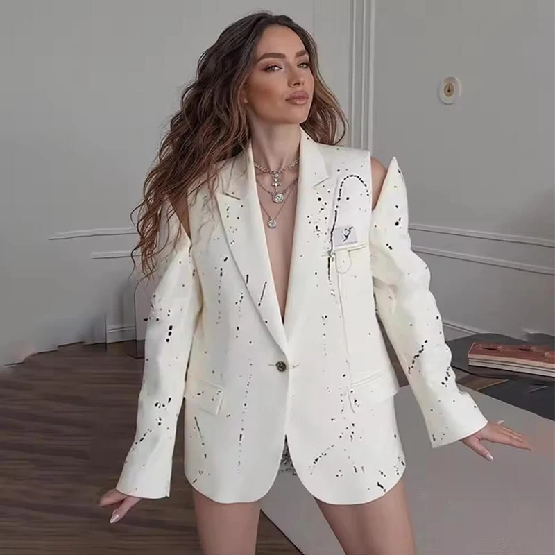 

Граффити ажурный пиджак с открытыми плечами женский однобортный пиджак с лацканами и принтом с длинными рукавами повседневный шикарный женский костюм пальто