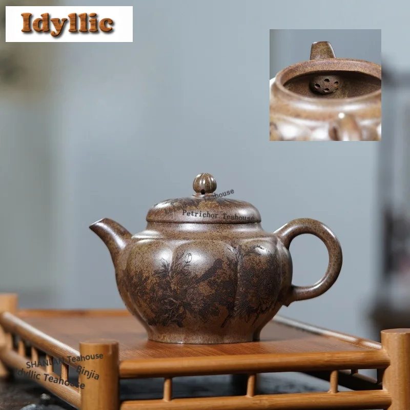 

310 мл антикварные чайники из фиолетовой глины Исин, известные художники, горшок ручной работы с ребрами, необработанная руда, фарфоровый грязевой чайник, чайный сервиз Zisha