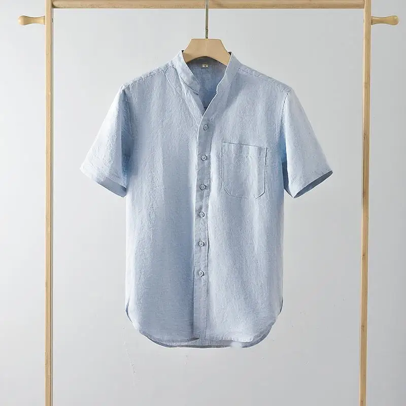 

Men's Short Sleeve Linen Shirt Stand Collar Casual Comfortable Breathable Summer Fashion Basic Color Inner Wear for Men
