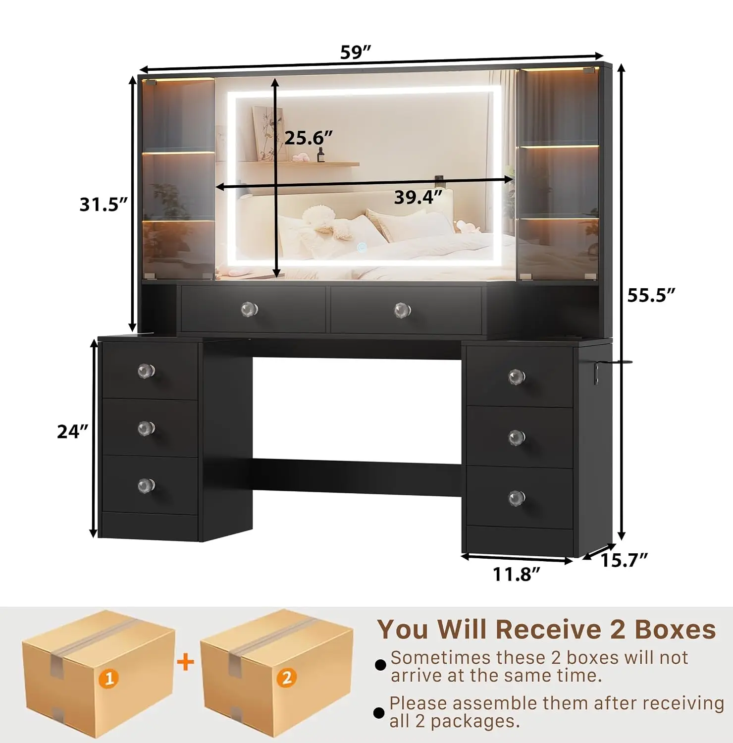 Large Vanity with Mirror & LED Lights, Power Socket, 3 Lighting Modes, 8 Drawers & 2 RGB Cabinets, Customized