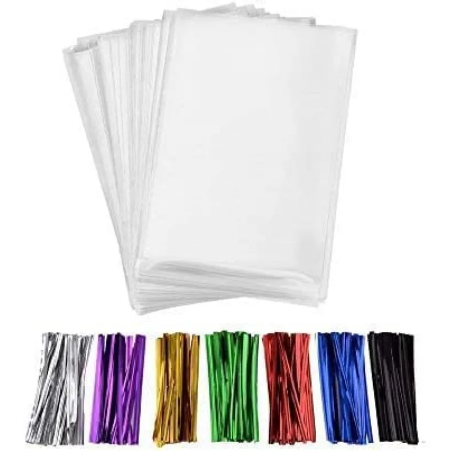 200 Pcs 0 in x 6 in .4mil. Clear Flat Cello Cellophane Treat Bags Good for Bakery, Cookies, Candies, Dessert with five random c
