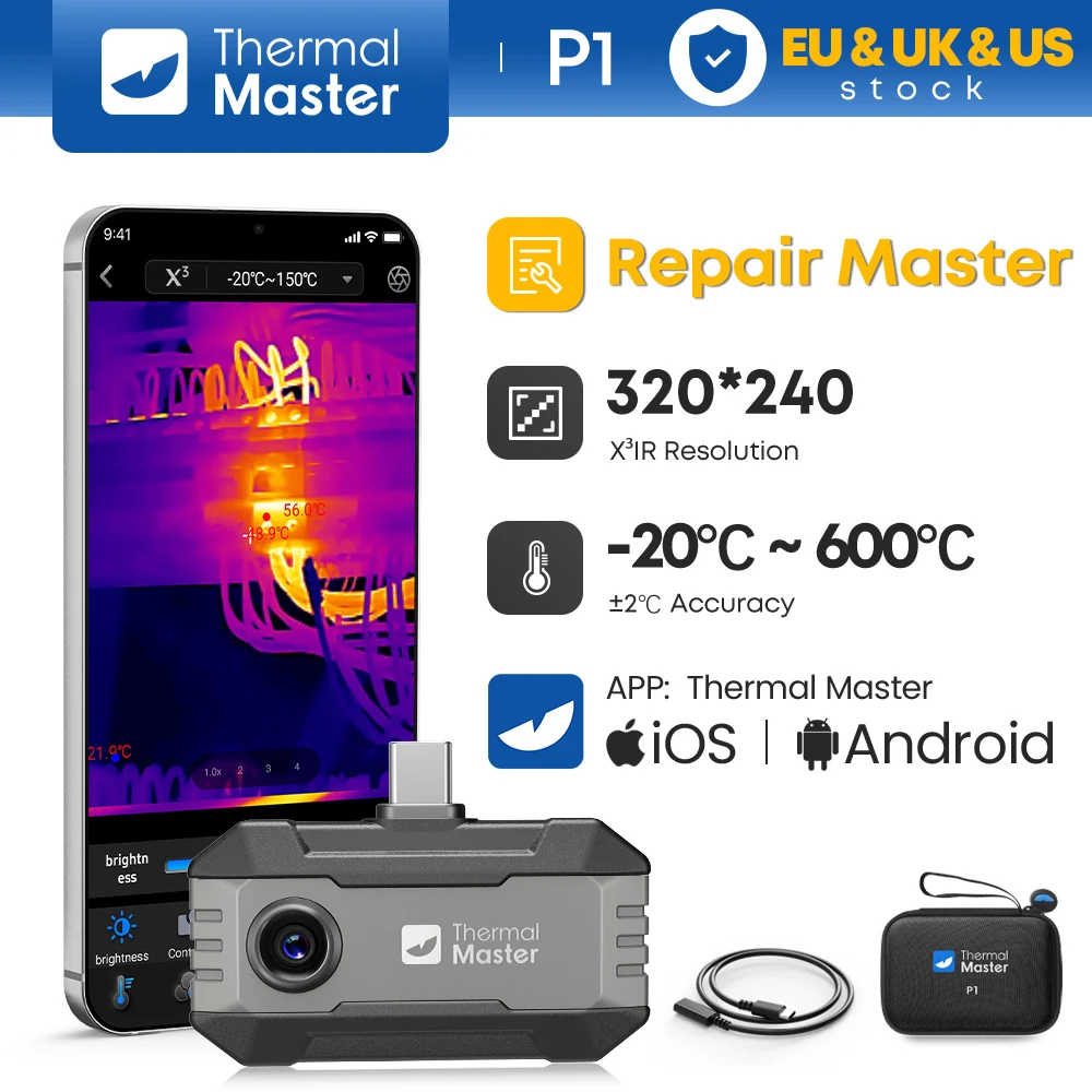 (For iPhone&Android) P1 Thermal Camera iOS Android 320*240 X³IR Resolution Heat Image Camera Temperature Measuring Device 600℃