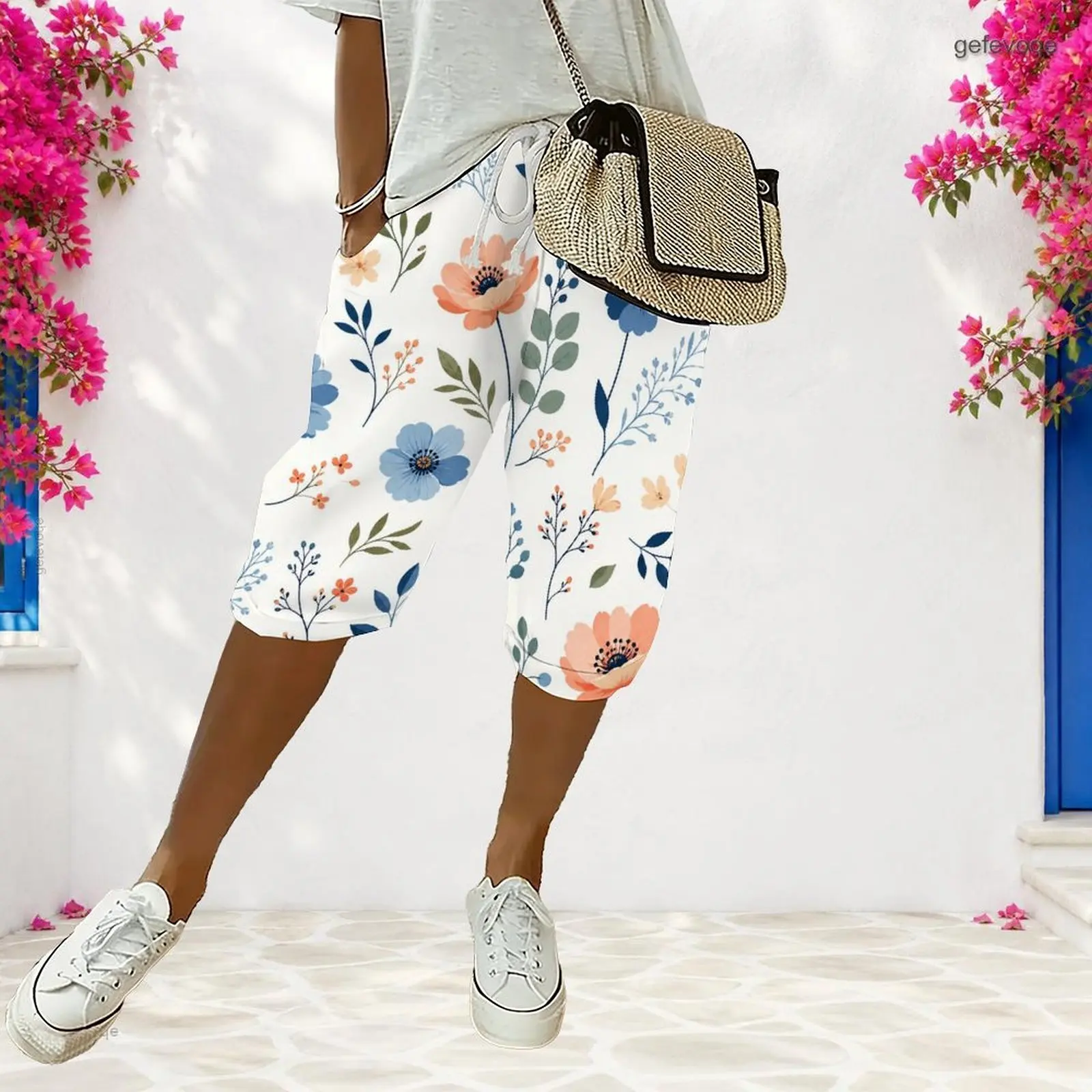 Women Printed Shorts Drawstring Waist Side Pockets Knee Length