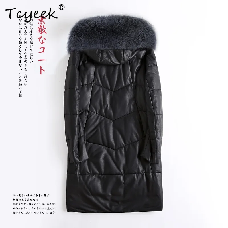 Tcyeek Schapenvacht Herfst Winter Capuchon Vos Bontkraag Zwart Middellang Dames Witte Eendendons Jas Casacas Para Mujer Invierno