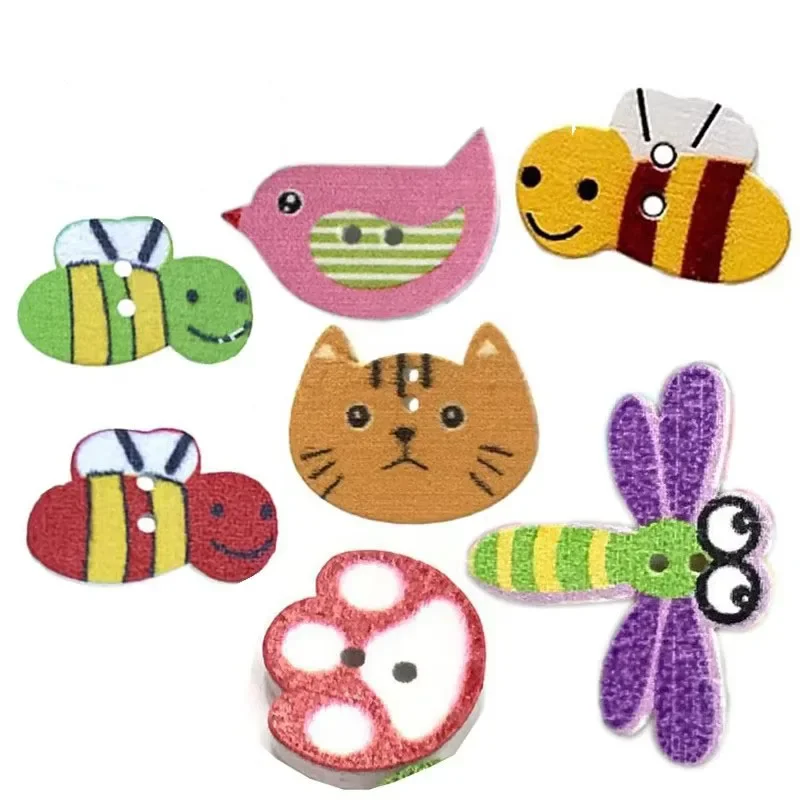 50PCS Cartoon Cat Honeybee Bird Dragonfly Wooden Buttons Sewing Button for Clothing Decoration Scrapbook Diy Sewing Accessories