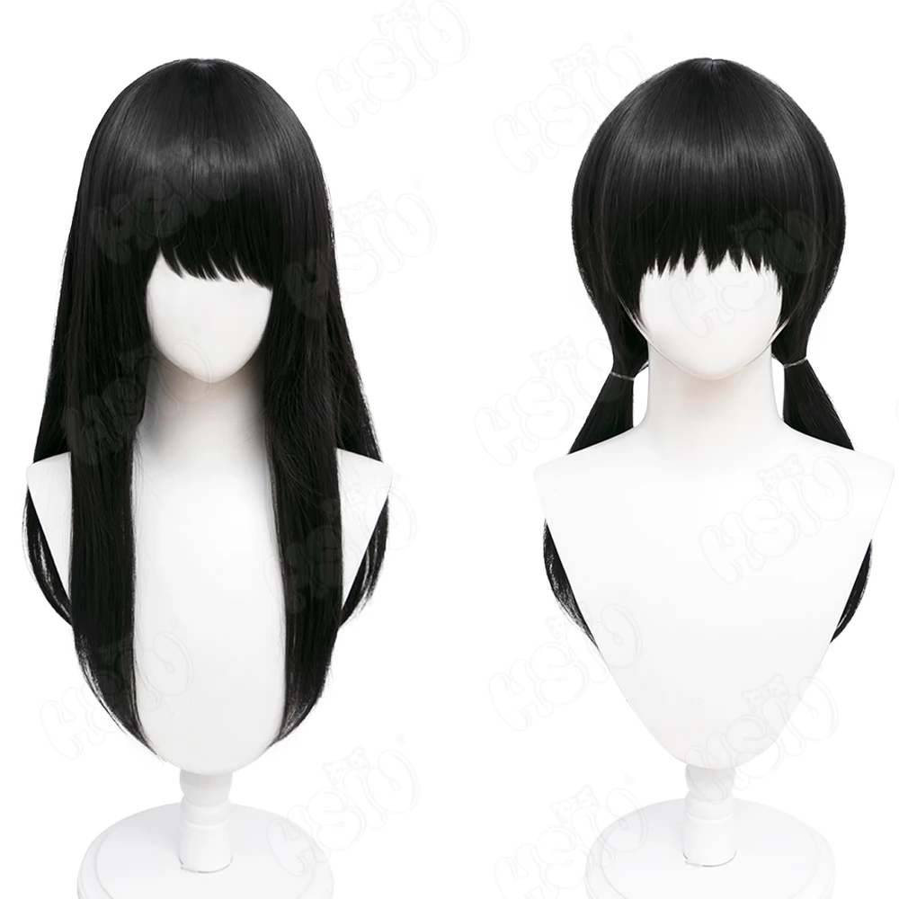 Mitaka Asa-Peluca de Cosplay para hombre, accesorio de motosierra de Anime, pelo largo negro y negro, doble cola de caballo, pelo largo + gorro de peluca