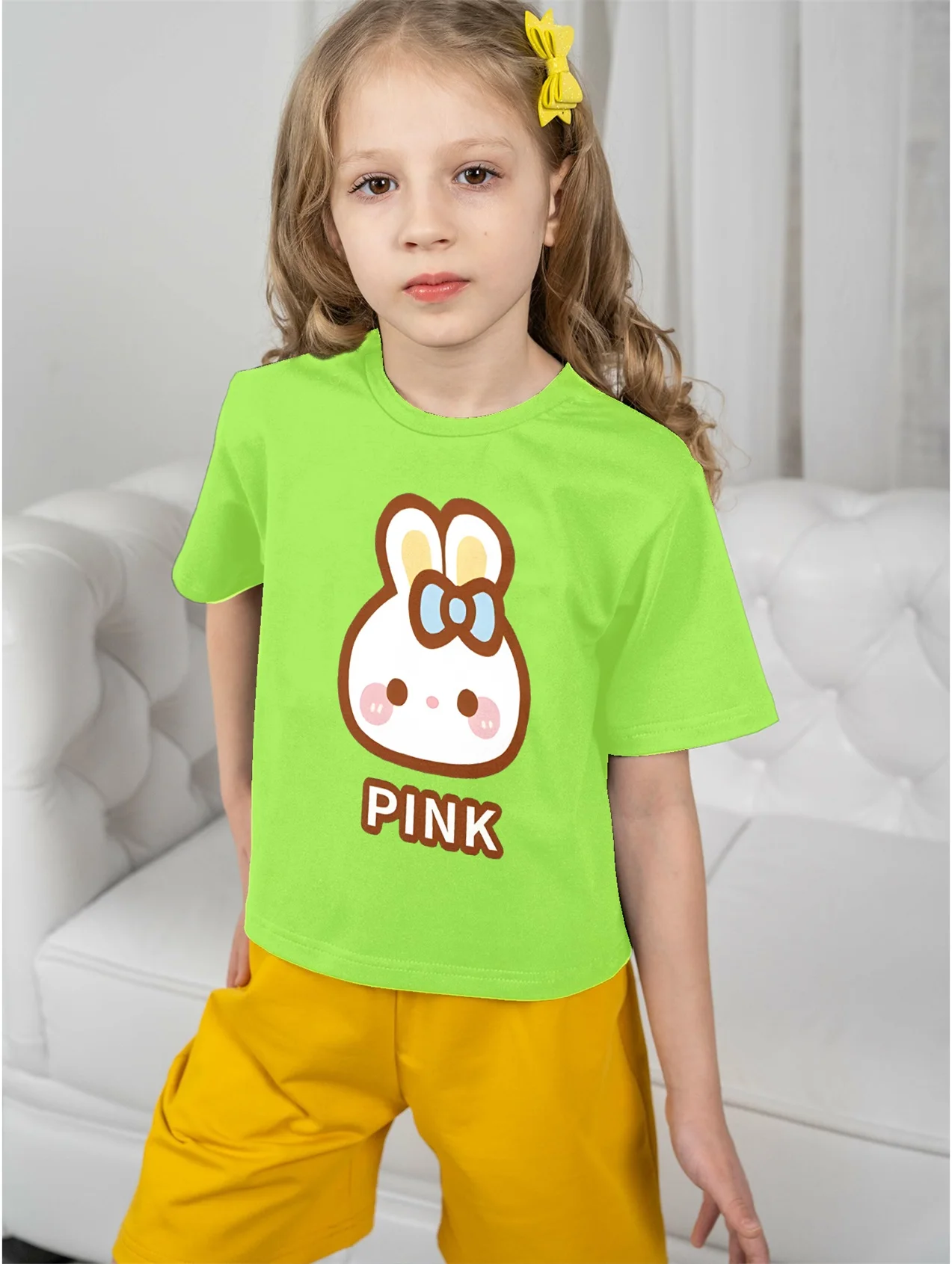 

5 To14 Years Girl Clothes Cartoon Bunny Face Print green T-shirt Children's Clothing Kids Summer Short Sleeve Child Top T-shirts