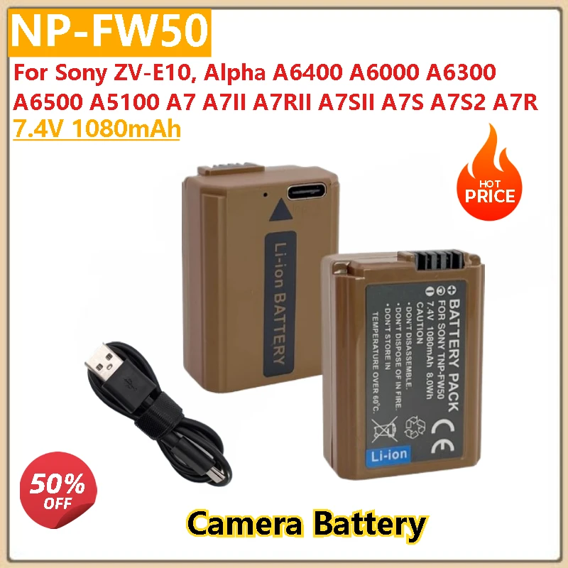 

NP-FW50 Camera Battery For Sony ZV-E10 Alpha A6400 A5100 A7 A7II A7RII A7SII A6000 A6300 A6500 A7S High Quality 7.4V 1080mAh