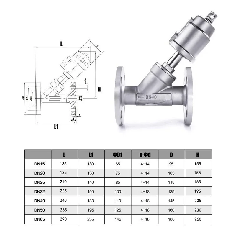 صمام لولبي DN15 DN20 DN25 DN32 DN50 Stainless Steel Flanged Pneumatic Angle Seat Valve Normally Closed/open Pneumatic ValvesFor Ste الهواء المضغوط — تفصيل 1
