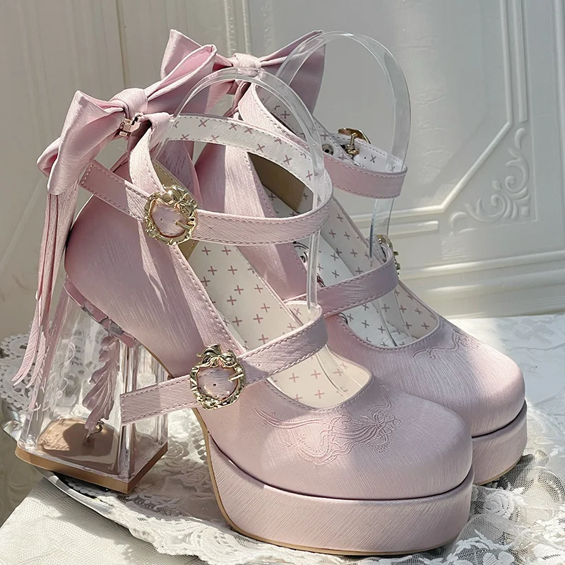 Original Lolita Black High Heels Autumn New Women's Sweet Elegant Bow Mary Jane Shoes Ladies Birthday Party Cos Platform Shoes