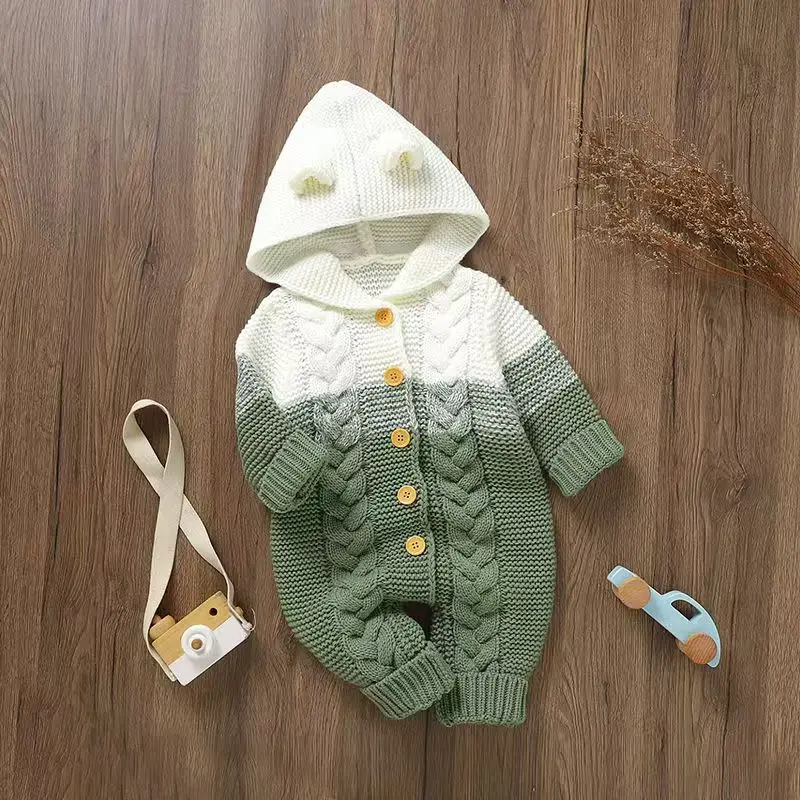 

Милый осенний вязаный свободный детский комбинезон с длинными рукавами и шапкой в стиле пэчворк, мягкий дышащий комбинезон для новорожденных