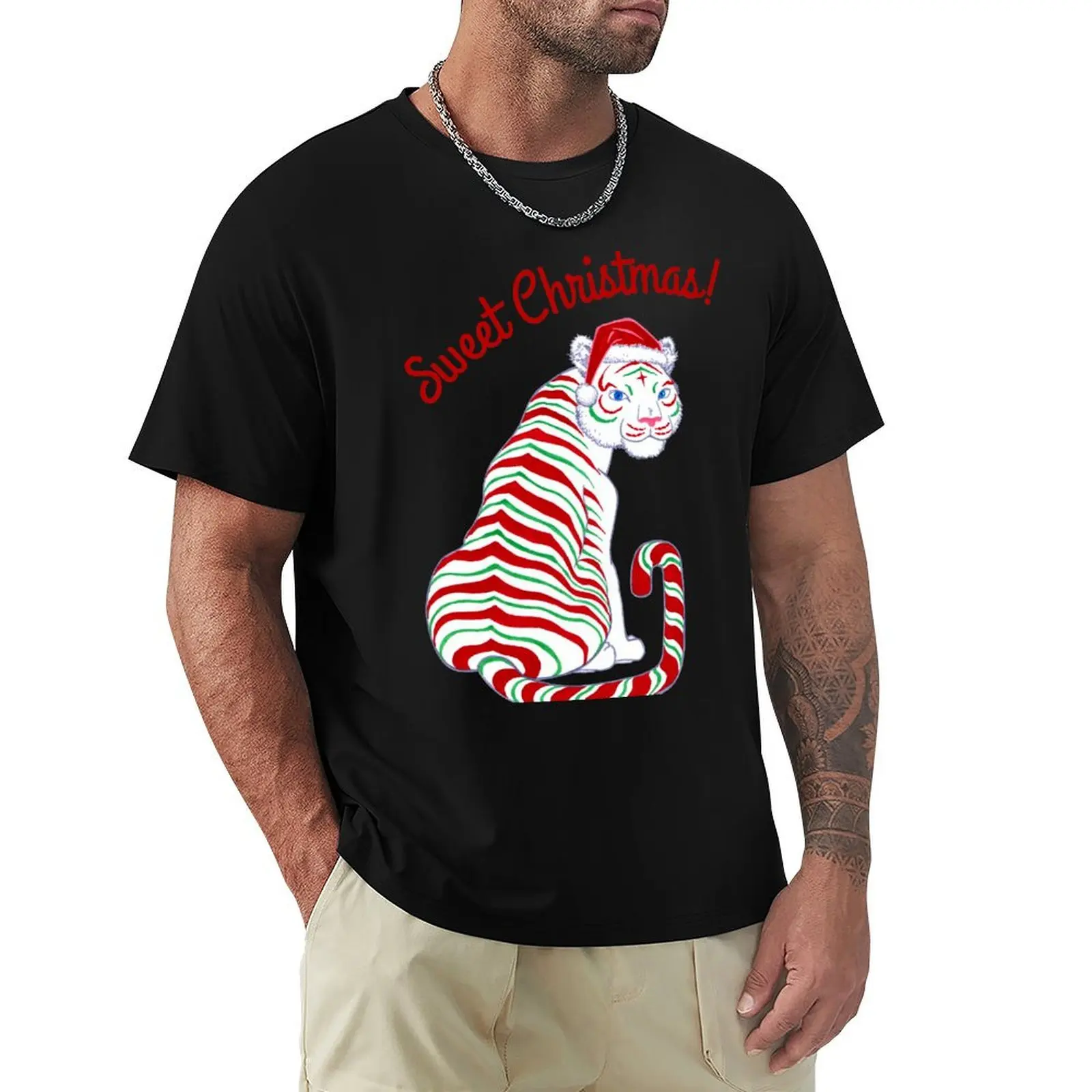 Sweet Christmas Candy Cane Tiger- Peppermint Holiday T-Shirt sublime street wear korean fashion mens designer t shirt