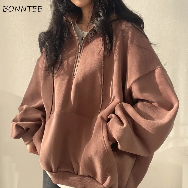 

Loose Hoodies Women Tops Zipper New Chic Students Preppy Thick Fall Winter Baggy Causal All-match Female Elegant Sweatshirts