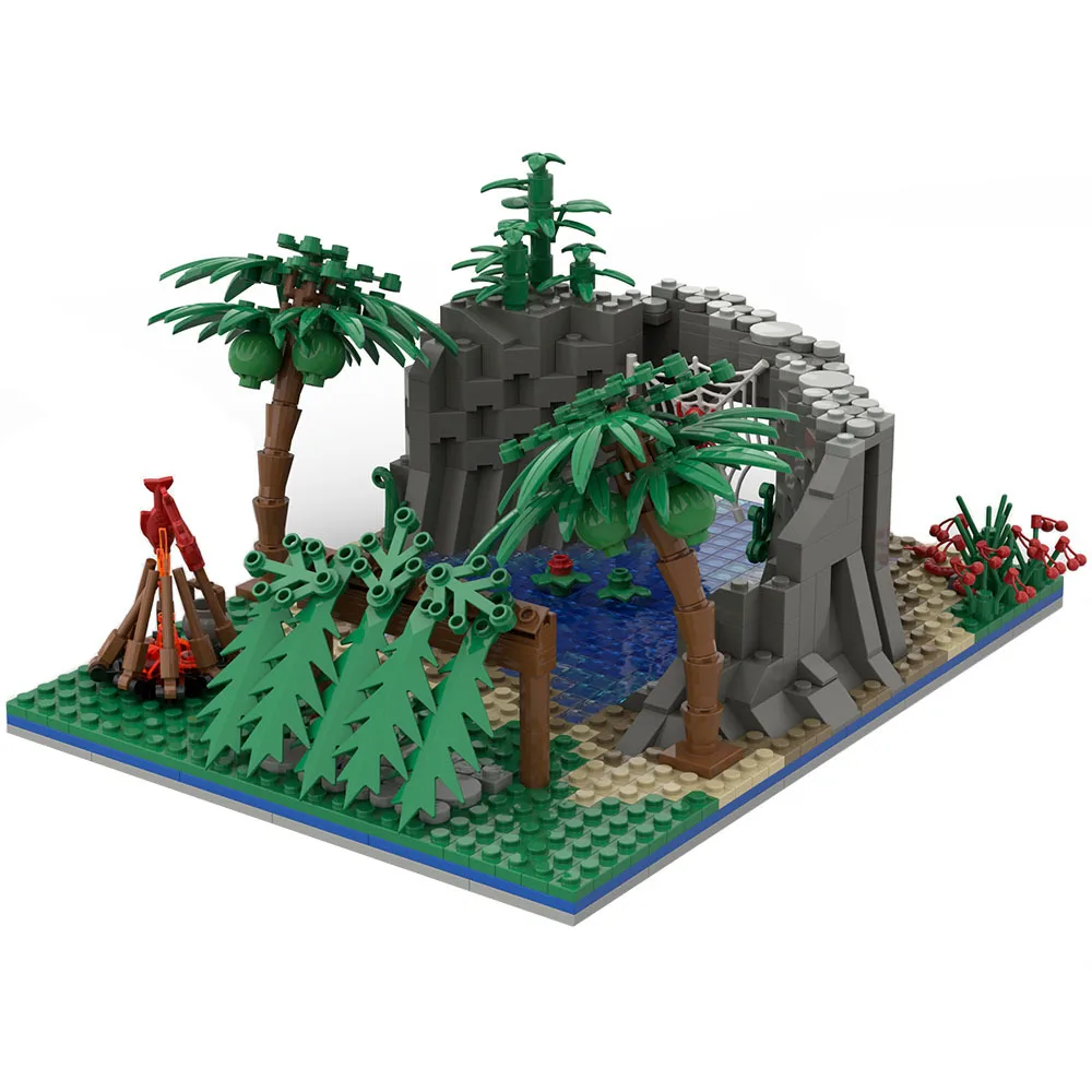 Survival in the Wilderness Scenes MOC Jungle Bonfire Assemble Building Blocks Accessories Compatible Figures DIY Model Bricks