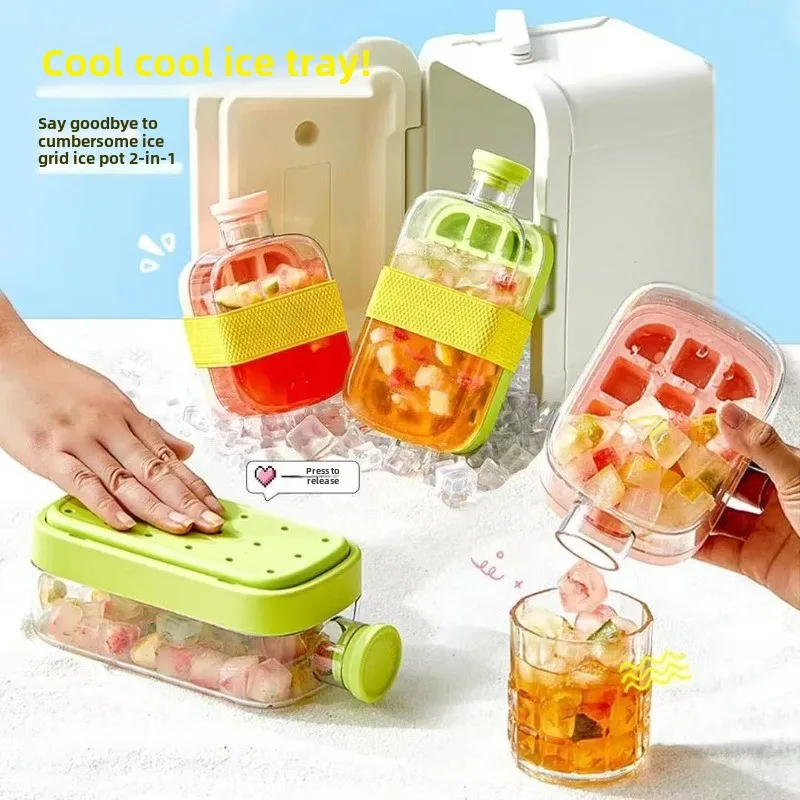 

Press-Type Ice Cube Mold with Lid Food-Grade Silicone 2-in-1 Ice Maker and Straw Portable Ice Tray for Cold Water Bottles