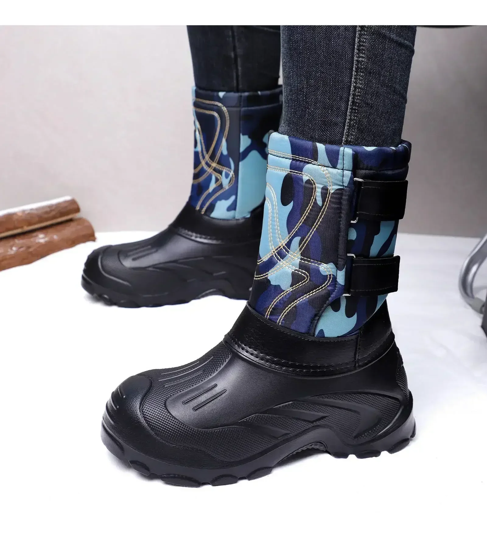 Herren Winter-Schneestiefel mit mittlerer Schaftlänge, Camouflage-Motiv, Klettverschluss-Design, wasserdicht, rutschfeste Gummisohle, warme Outdoor-Stiefel – Detail 14