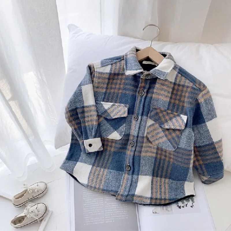 Moda neonata ragazzo pied de poule camicia giacca infantile bambino bambino camicia lana vestito allentato primavera autunno bambino abbigliamento