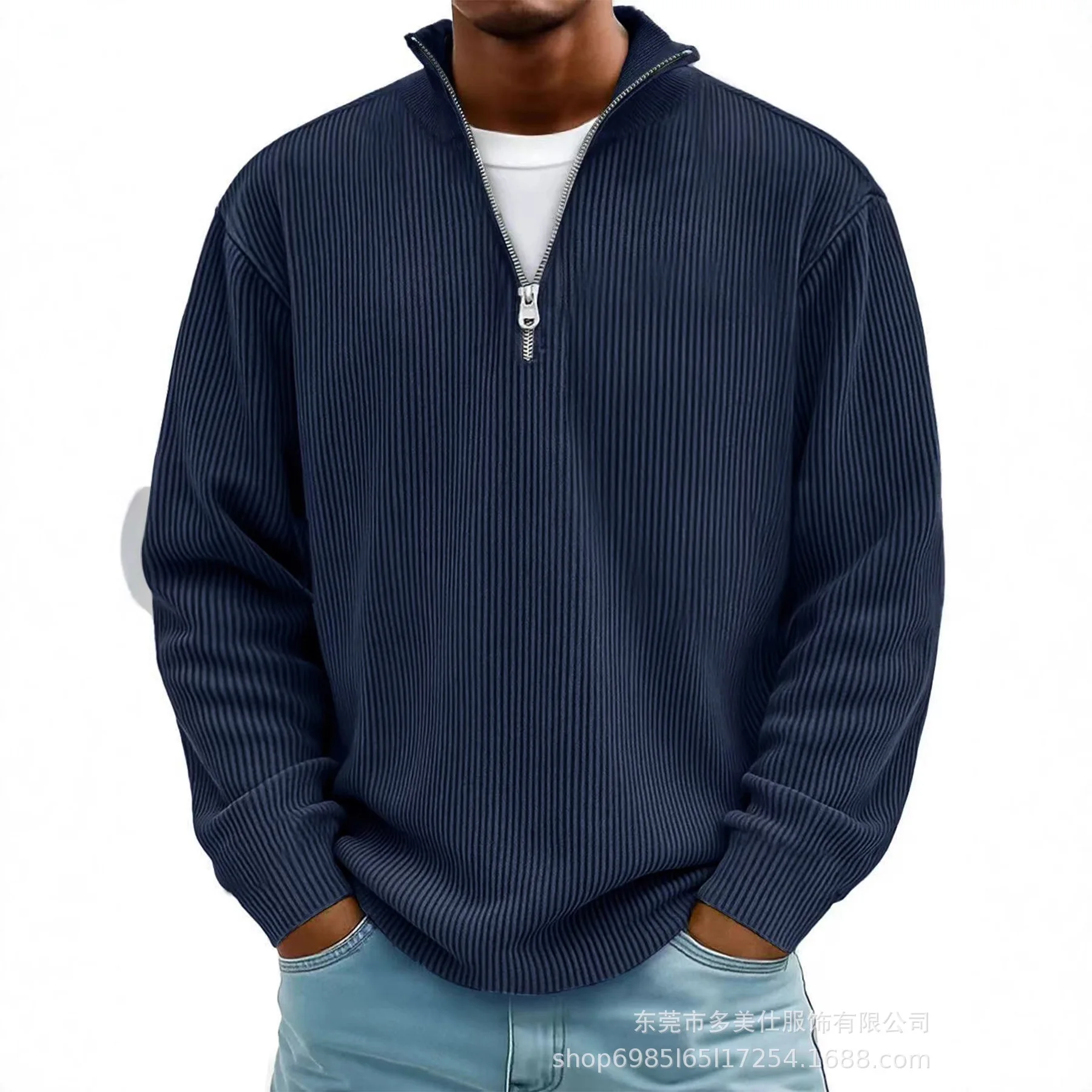 Men's European and American Style Autumn Pullover Casual Top Stand-collar Zippered Corduroy Long-sleeved Men's Polo Shirt Blouse