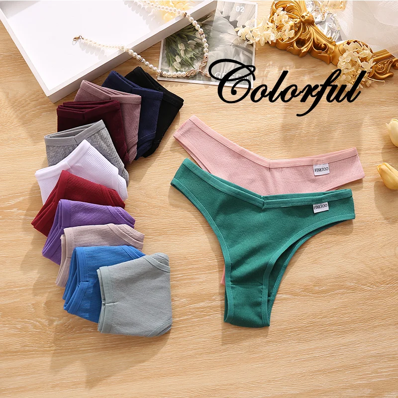 FINETOO 6PCS/Set G-string Panties Waffle Cotton Women\'s Underwear Sexy Panties Female Underpants Thong V-Waist Pantys Lingerie