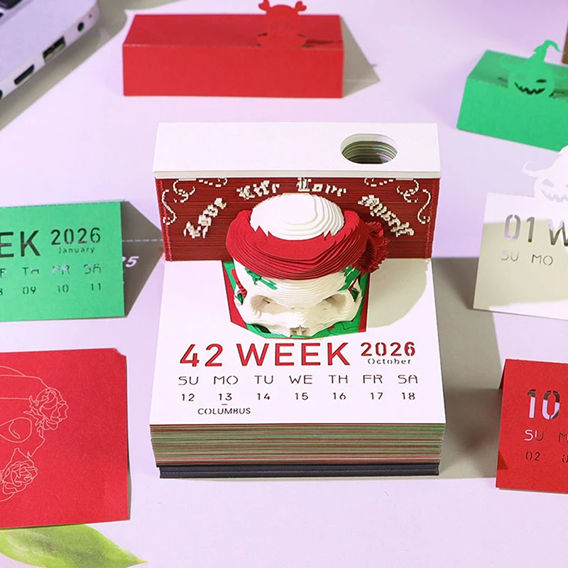 Time Piece Calendar 2026 Desk Calendar With LED Light 3D Tear-away Calendar Paper Carving Art Memo Pad Notepad Gift Christmas