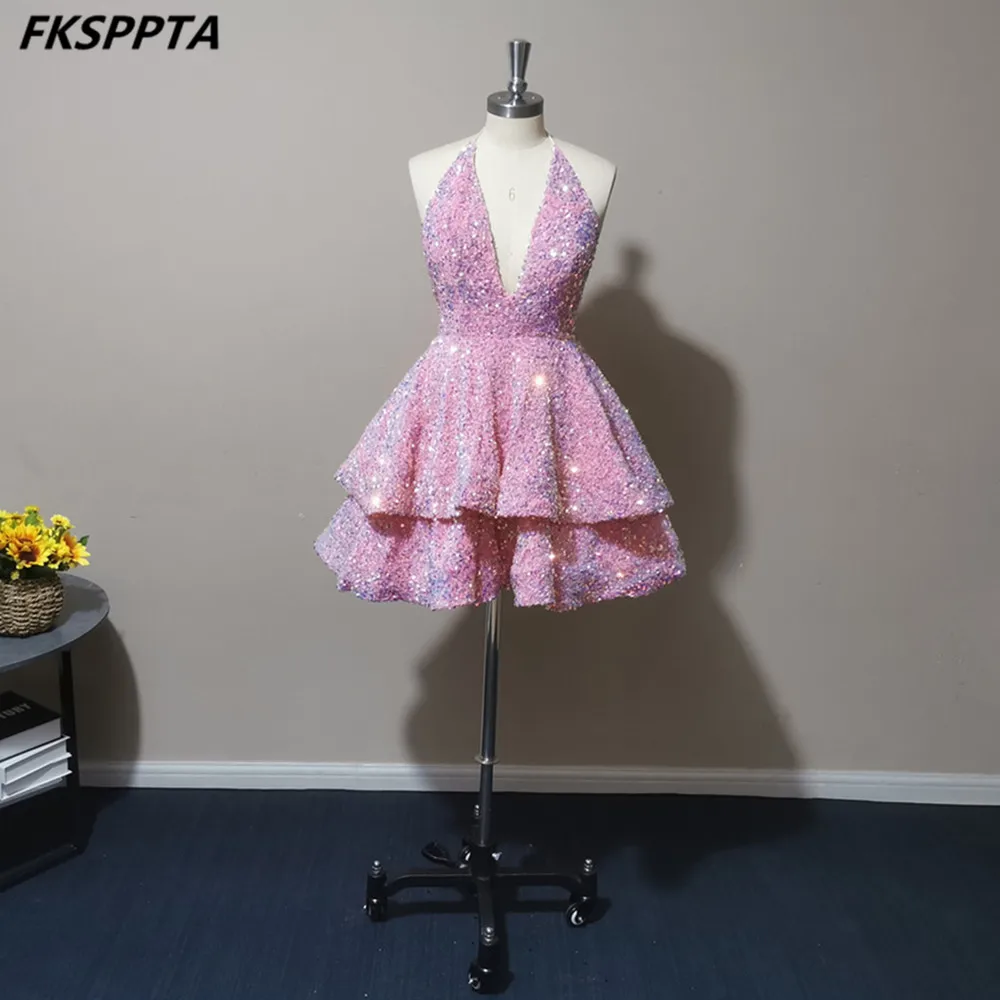 Vestidos De graduación cortos rosas sexys, falda escalonada con Espalda descubierta, lentejuelas estirables, vestidos De fiesta De cumpleaños para