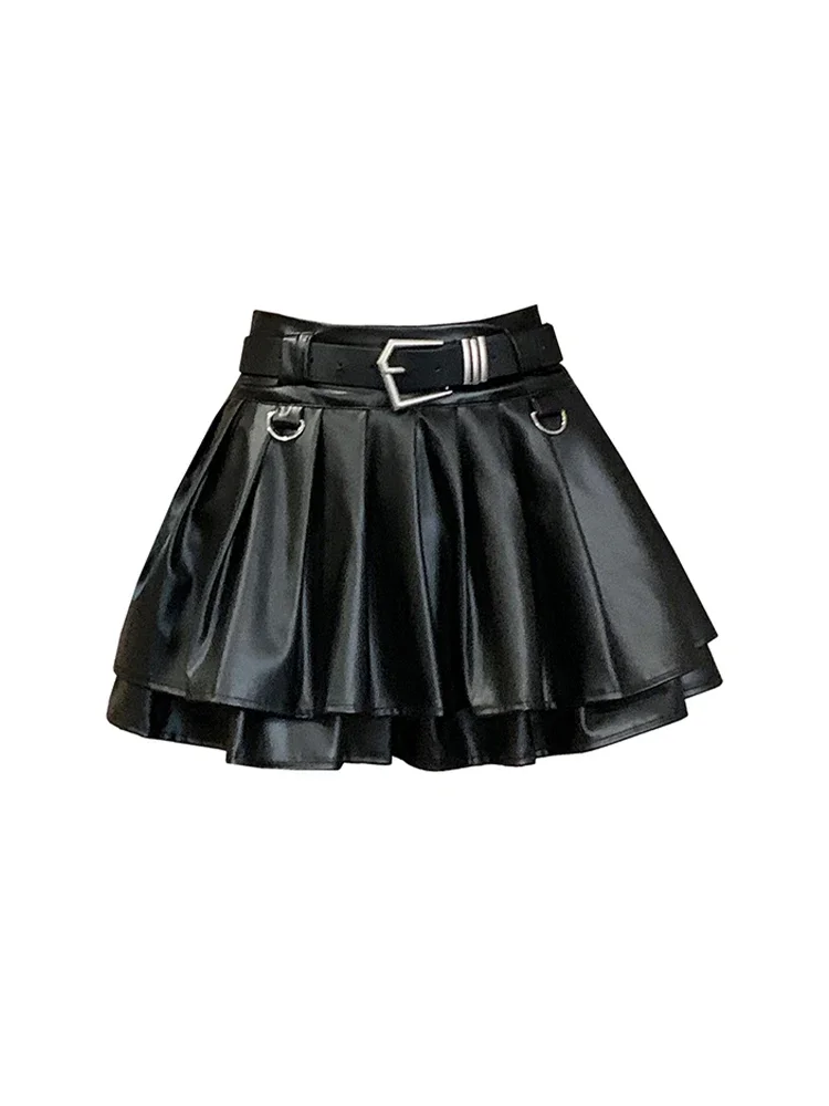 

2025 Women Black A-line Leather Skirt Vintage Aesthetic Y2k Pleated Skirt Harajuku Korean Gothic Mini Skirt Emo 2000s Clothes Su