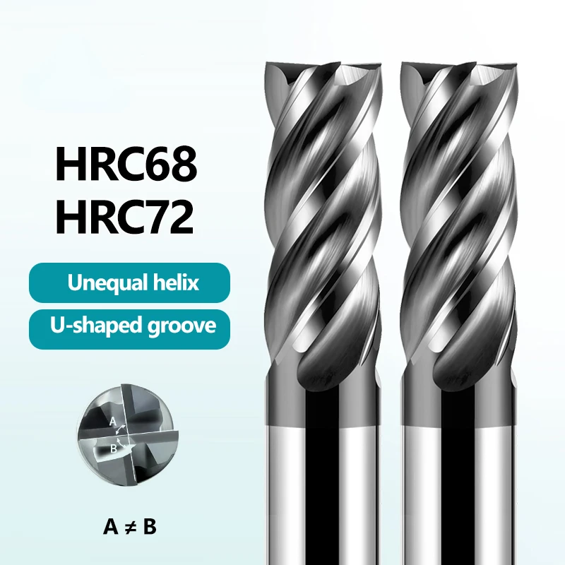 HRC72 CNC Carbide End Mill Tungsten Cutter 4 Flute 6 8 12 20 For Stainless steel Hardened Steel Router Bit Metal Machining Tool