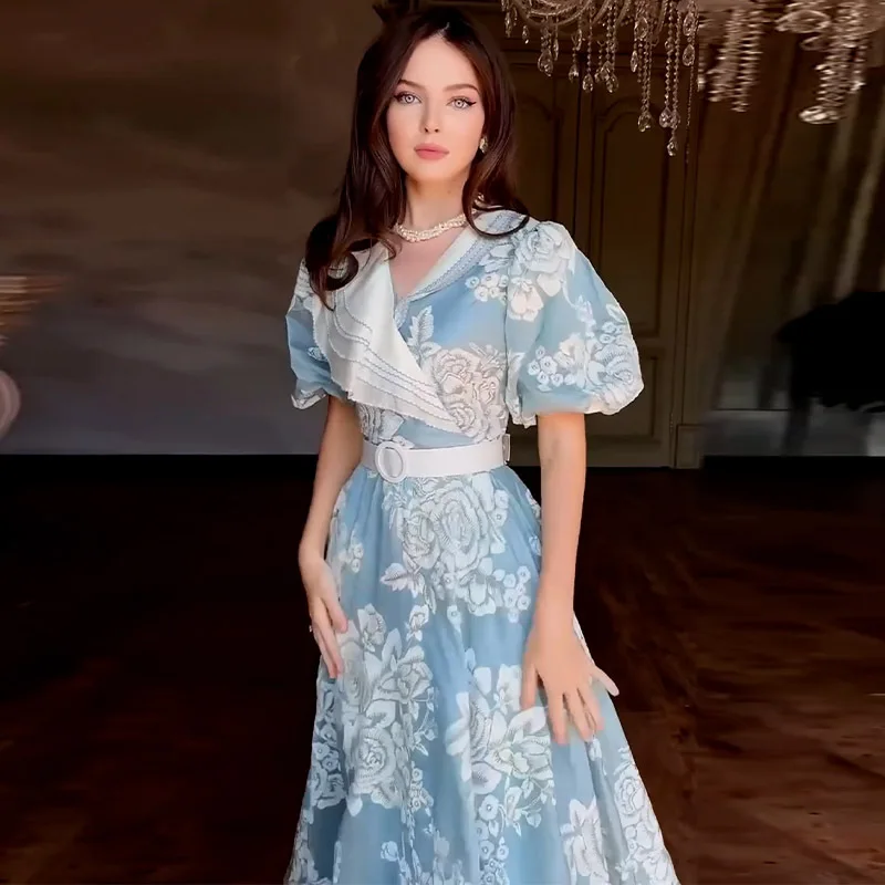 

Summer 2025 Long Sve Rose Print Maxi Dr Slimming Ele Street Sle Midi Waist Polyester Knitted High Waist Thiened