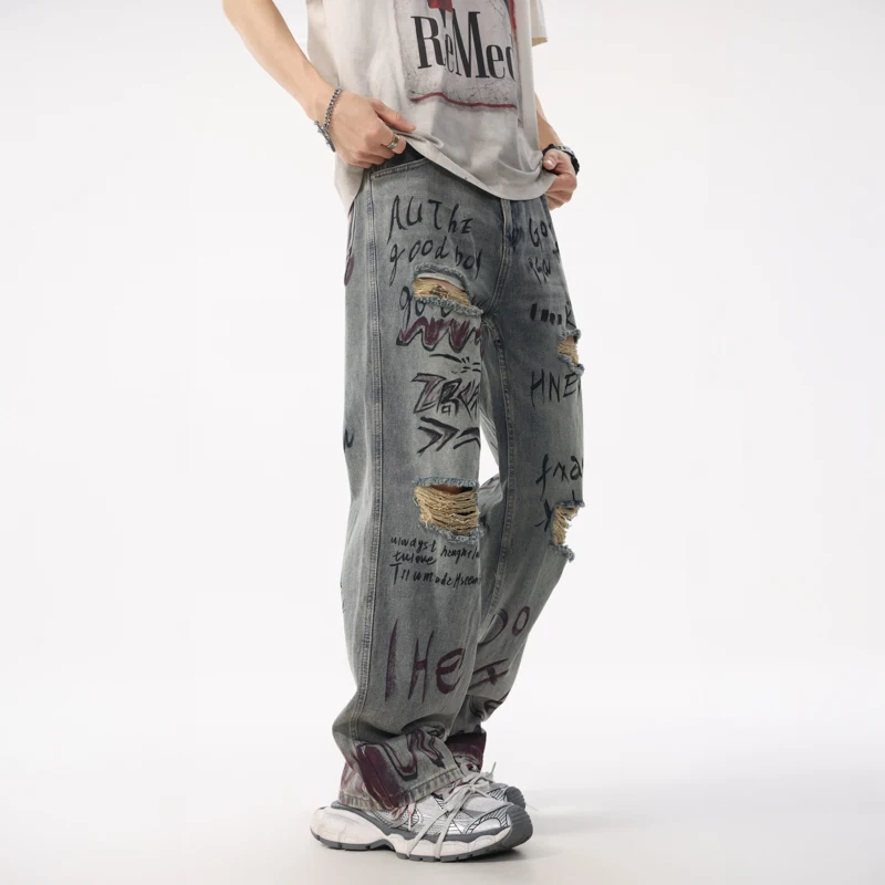 

XL8877 Summer tide jeans loose graffiti straight trousers high street retro washed hole trend leisure