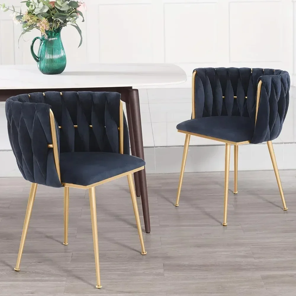 Velvet Dining Chairs, Accent Chairs with Gold Metal Legs, Woven Upholstered Dining Chairs for Living Room/Bedroom/Kitchen