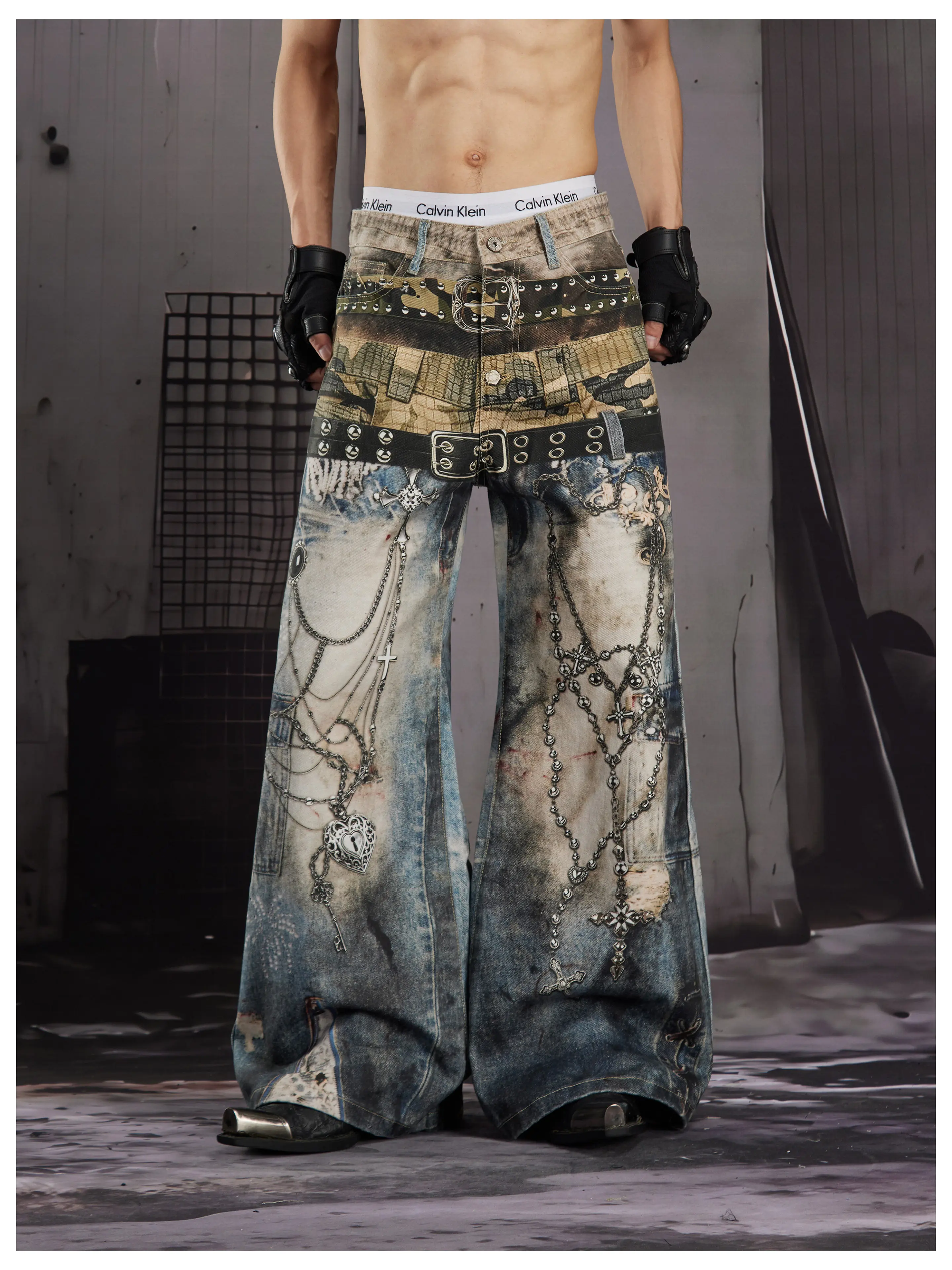 American Retro Tie-Dye Men's High-Waisted Bell-Bottom Pants Slim Ripped New Autumn And Winter Washed Casual Punk Trousers