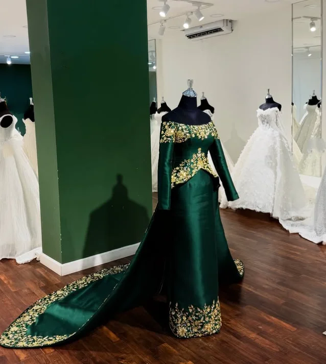 Elegant Green Moroccan Style Gowns Muslim Evening Off Shoulder Trailing Long Sleeve Appliqued Decoration Dubai Gowns Prom Dresse view 2