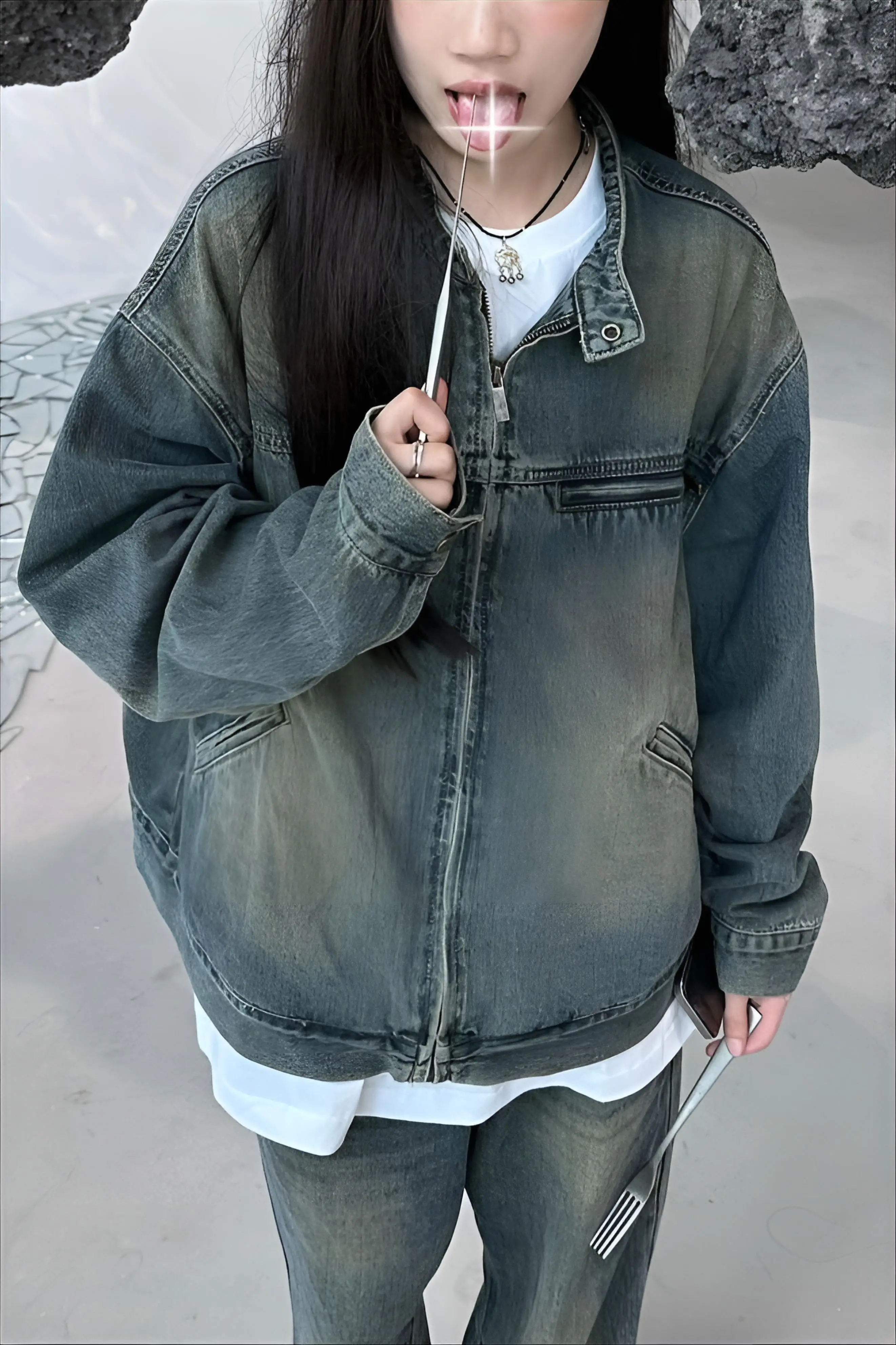 

Denim Coat And Fur Womens Summer Lightweight Minimalist Balloon Sleeved Knitted Outwears Patchwork Sashes Three-Quarter Jackets