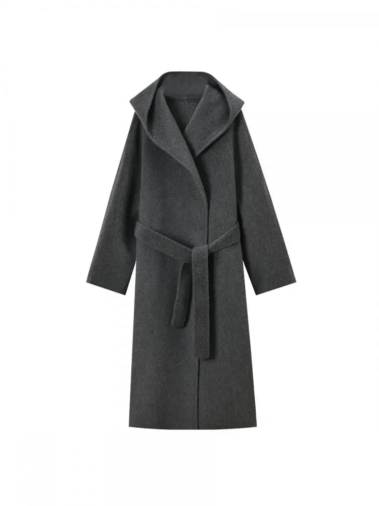 Office Lady Cashmere Woolen Jackets 2024 Autumn And Winter High-Grade Hooded Bathrobe Style Loose Lace-Up Long Women Wool Coats